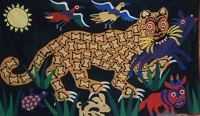 a vibrant rug hooking of a leopard and other creatures