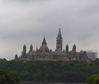 looking up the hill at the green roofs of Chateau Laurier